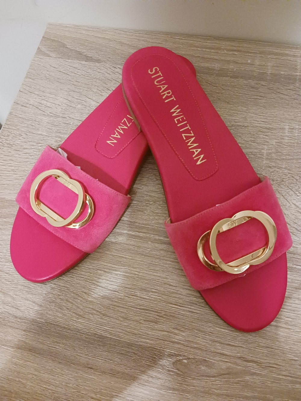 Stuart Weitzman Hot Pink Suede Slide Sandals with Gold Buckles
